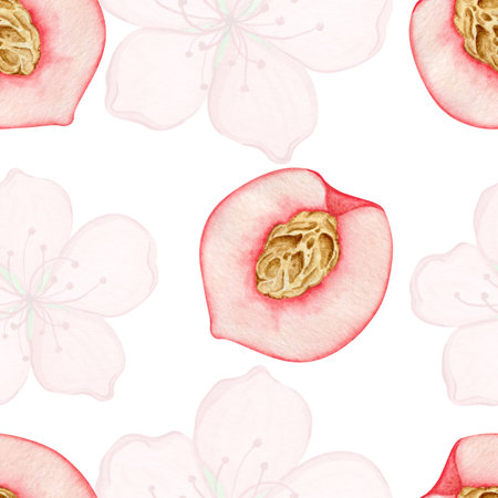 Peach fruit hand drawn watercolor cute seamless pattern. Summer food background. Texture for wrapping paper, textile, scrapbooking.の写真素材