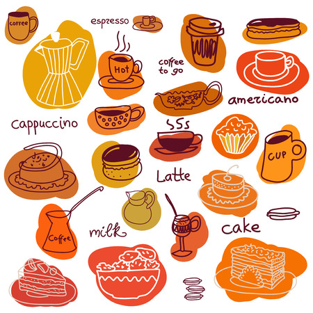 Coffee cups and sweets set. Coffee, cappuccino, americano, coffee to go, espresso, milk, macaroons, pie.のイラスト素材