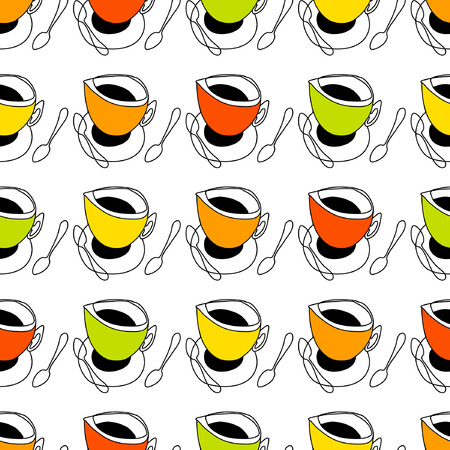Coffee and tea cups in bright colors with spoons. Vector handdrawn seamless pattern of tea and coffee accessories.のイラスト素材