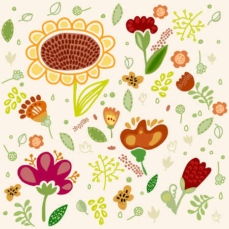 Vector flower set with sunflower. Hand drawn fantastic flowers.のイラスト素材