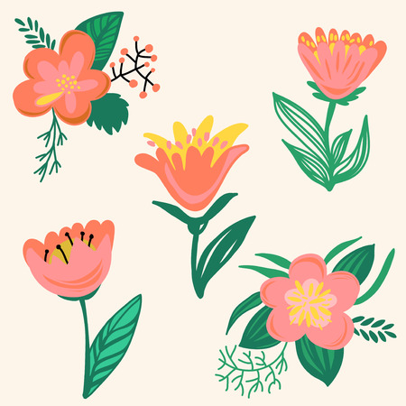 Set of hand drawn flowers in bright colorsのイラスト素材