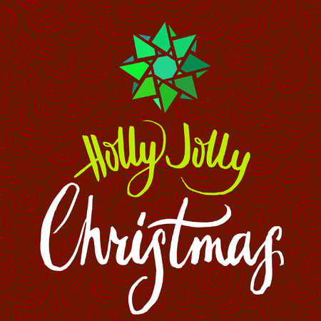 Holly Jolly Christmas calligraphy on red background with green starのイラスト素材