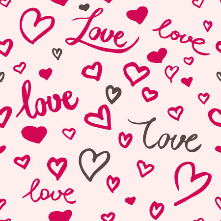 Word love, love lettering, hand written love vector, sketched hearts, valentines day pattern.Love calligraphyのイラスト素材