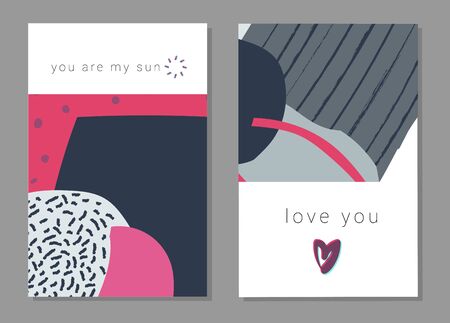 Set of artistic creative universal cards. Hand Drawn textures. Wedding, anniversary, birthday, Valentine's day, party. Design for poster, card, invitation, placard brochure flyer Vector Isolatedのイラスト素材
