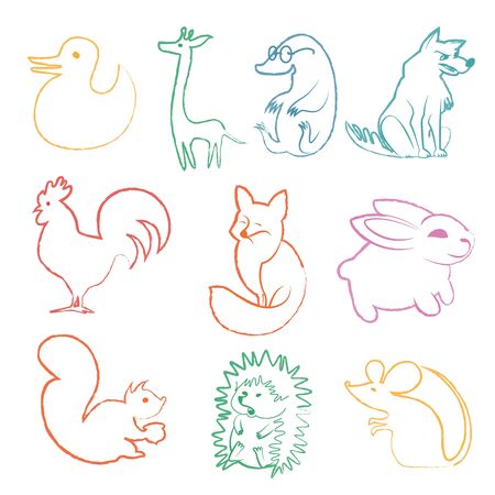 Vector set of funny cartoon animals. Linear drawing animals Collection. Cute happy duck fox hen mouse hare squirrelのイラスト素材