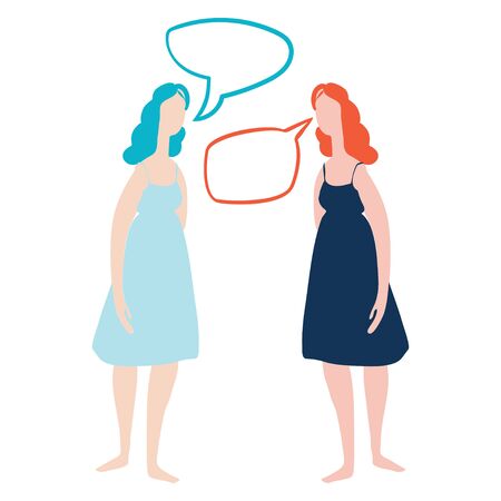 Female figures of different ethnicity illustration. Cartoon character of women with colorful dialog speech bubbles, woman gossip conceptual vector illustration. International womens day graphic in vector.のイラスト素材