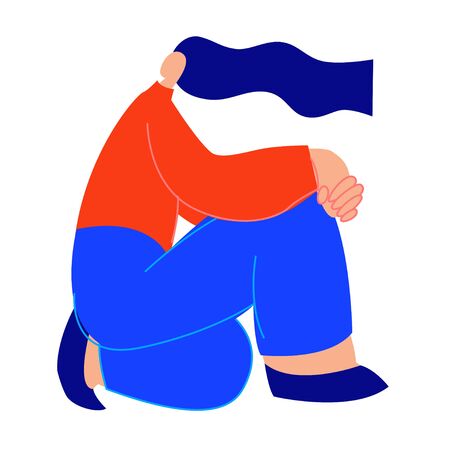 Flat design trendy color vector girl sitting in a dance pose. Body positive. Happy plus size girls are dancing. Vector illustration.のイラスト素材