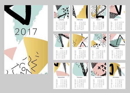 Vector calendar for 2017. Set of 12 months, 12 Doodle patterns. Week Starts Sunday. Calendar for 2017 vector template with abstract art pattern.のイラスト素材