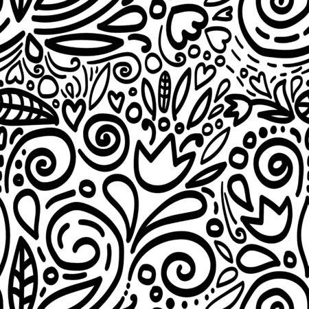 Seamless scandinavian pattern with flowers. Black and white geometric pattern, Finnish design. Seamless pattern Gorgeous seamless floral backgroundのイラスト素材