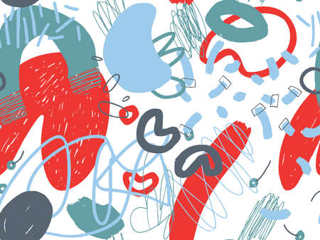 Seamless abstract doodle background pattern in bright summer positive colors. Hand-drawn abstract pattern with randomly arranged spots and dots and lines. Pencil and paint texture.のイラスト素材