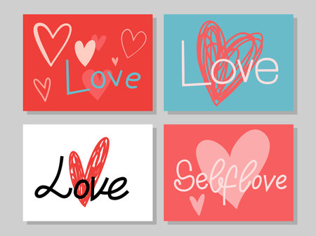 Collection of pink, black, white, blue colored Valentines day card with lettering.のイラスト素材