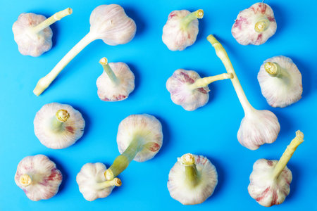 Young garlic on a blue background. Vitamins for health. Pattern.の写真素材