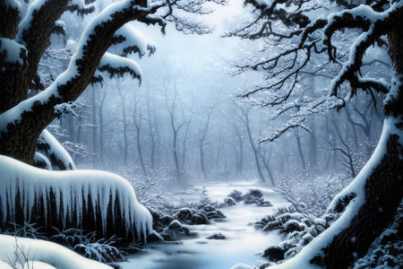 Fantasy snow covered winter forest. Generative AIの素材