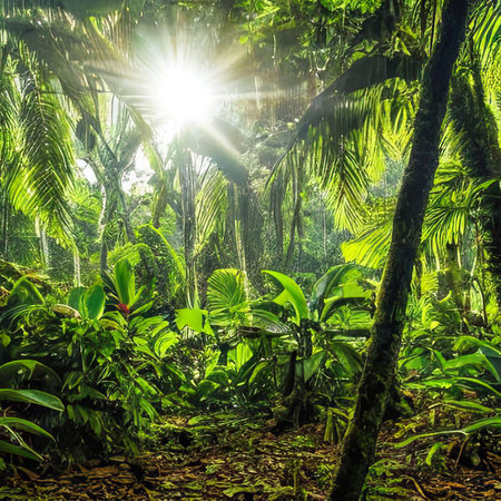 Tropical jungle landscape. Forest with palms and lianas. Generative AIの素材