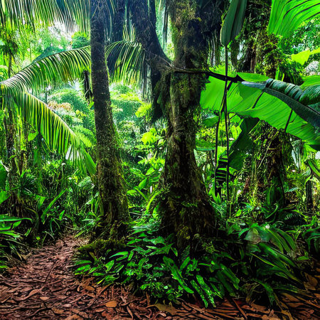 Tropical jungle landscape. Forest with palms and lianas. Generative AIの素材