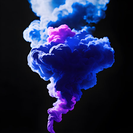 Neon blue and purple multicolored smoke puff cloud isolated on black background. generative aiの素材