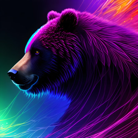 Abstract light neon style art portrait of a bear. Generative AIの素材