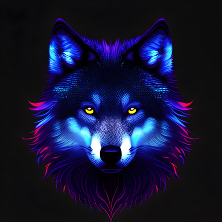 Abstract light neon style art portrait of a wolf, Generative AIの素材