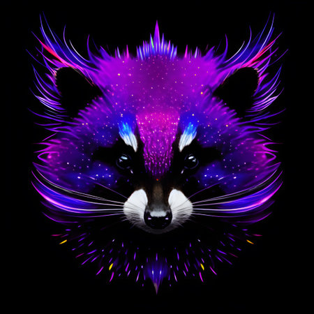 Abstract light neon style art portrait of a racoon, Generative AIの素材