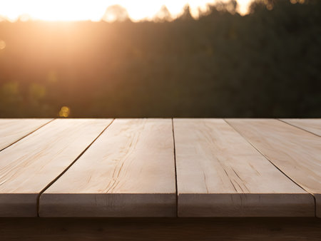 Empty wooden table top with lights bokeh on blur morning background.の素材