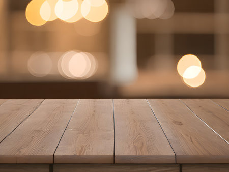 Empty wooden table top with lights bokeh on blur restaurant background.の素材