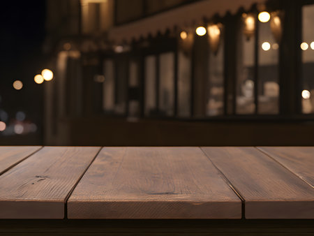 Empty wooden table top with lights bokeh on blur restaurant background.の素材