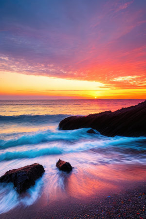 Multicolored sunset on sea shore with stone beach, generative aiの素材