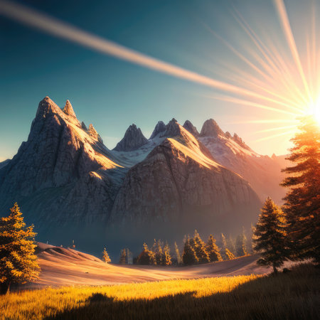 Amazing mountain landscape with colorful vivid sunset on the sky, travel background. generative aiの素材
