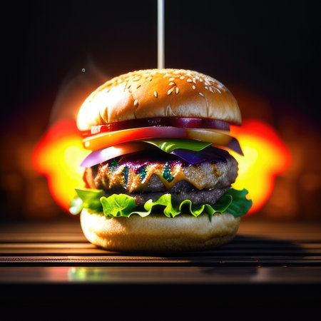 Fresh tasty burger on dark beautiful background. Generative AIの素材