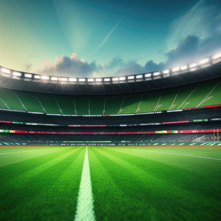 Soccer stadium with green grass field. Generative AIの素材