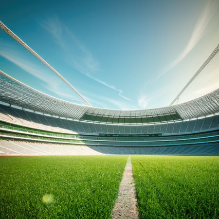 Soccer stadium with green grass field. Generative AIの素材