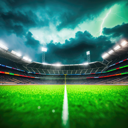 Soccer stadium with green grass field. Generative AIの素材