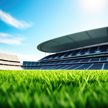Soccer stadium with green grass field. Generative AIの素材