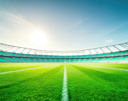 Soccer stadium with green grass field. Generative AIの素材