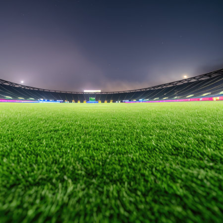 Soccer stadium with green grass field. Generative AIの素材