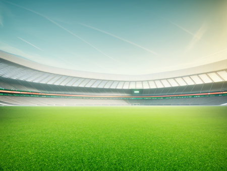 Soccer stadium with green grass field. Generative AIの素材