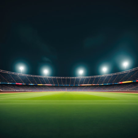 Soccer stadium with green grass field. Generative AIの素材