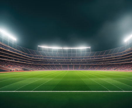 Soccer stadium with green grass field. Generative AIの素材