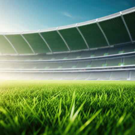 Soccer stadium with green grass field. Generative AIの素材