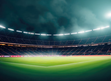 Soccer stadium with green grass field. Generative AIの素材