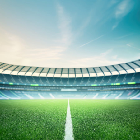Soccer stadium with green grass field. Generative AIの素材