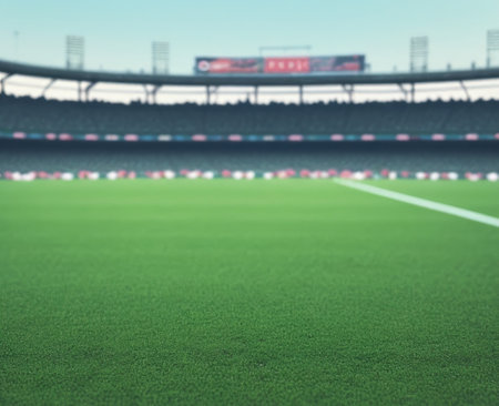Soccer stadium with green grass field. Generative AIの素材