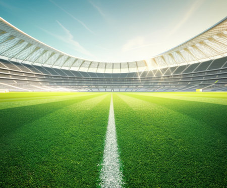 Soccer stadium with green grass field. Generative AIの素材