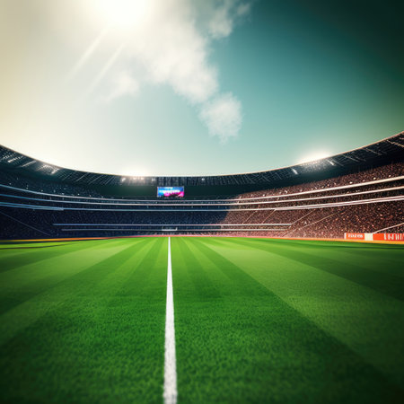 Soccer stadium with green grass field. Generative AIの素材