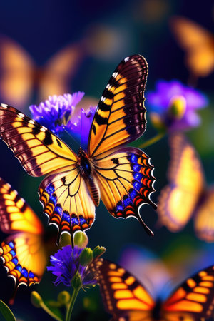close-up macro abstraction background with colorful butterflies. Generative AIの素材