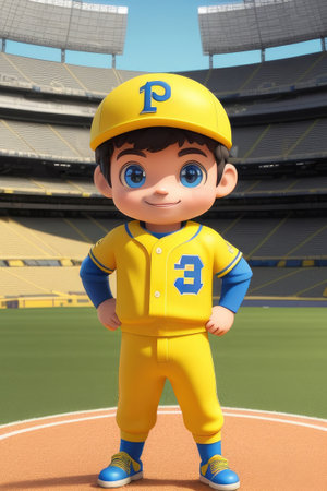 3d cartoon cute young baseball player in stadium background. Generative AIの素材