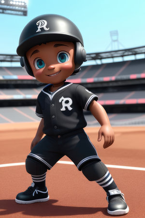 3d cartoon cute young baseball player in stadium background. Generative AIの素材