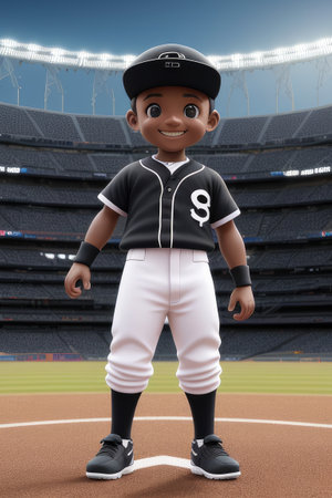 3d cartoon cute young baseball player in stadium background. Generative AIの素材
