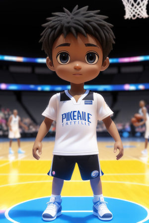 3d cartoon cute young basketball player in stadium background. Generative AIの素材