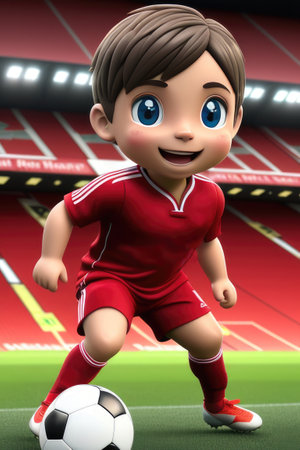 3d cartoon cute young soccer player in stadium background. Generative AIの素材